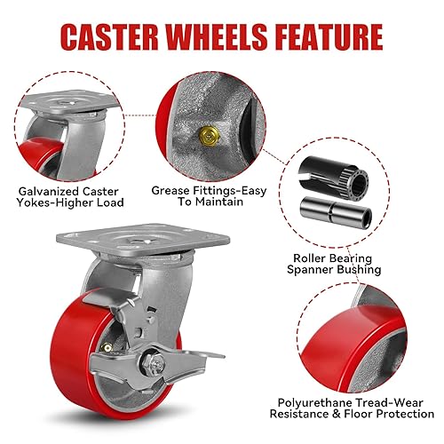Miniatura 3 de Juego de 4 ruedas giratorias y de freno industriales de 4 x 2 pulgadas, capacidad de carga de 3200 libras, rueda de poliuretano sin ruido en cubo de