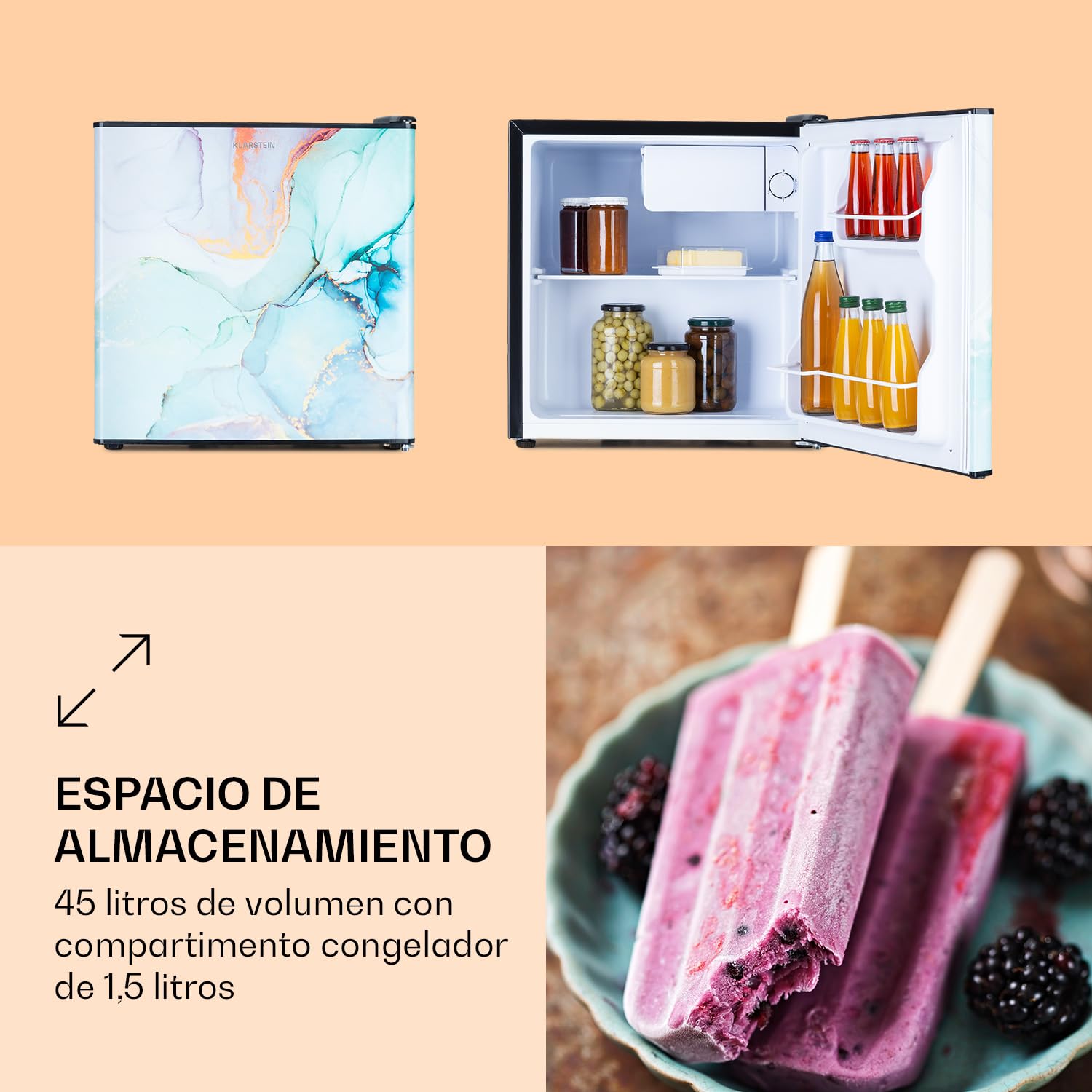 Klarstein Nevera Pequeña Portátil con Congelador, Mini Frigorifico 45 l., Mini Nevera Habitación, Oficina, Frigorificos Pequeños Bajo Consumo, Neveras Pequeñas Tempt. entre 0-10 ºC, Minibar 1 Estante