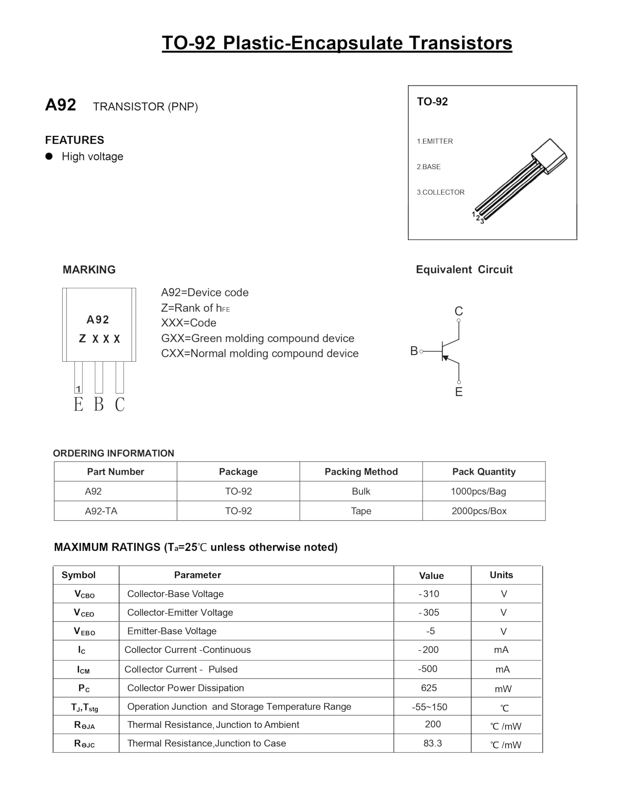 (Pack of 20) MPSA92B MPSA92 A92 TO-92 PNP Plastic-Encapsulate Transistors 305V 200mA 625mW hFE: 100-200