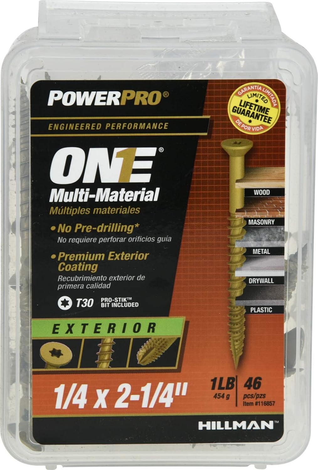 Power Pro Premium One Multi-Material Flat Head Screws, Epoxy Coated Steel, Fasten in Wood, Metal, Concrete, Drywall and Plastic, Bronze, ¼ x 2-¼ inches, Box of 46 Screws