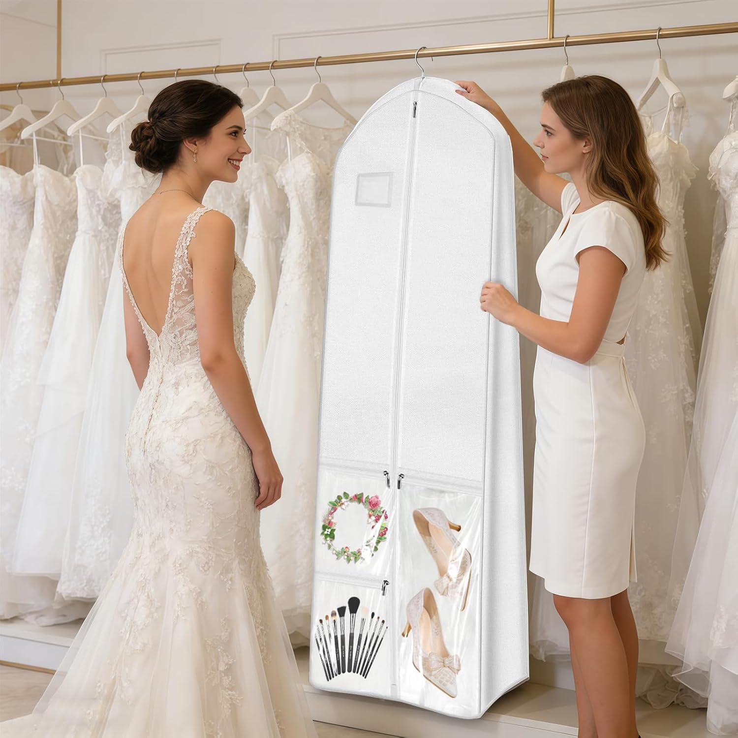 Joyzan Portable Wedding Dress Garment Bag, 70" Foldable Bridal Gowns Long Bags with Bride Tote Bag 10'' Gusseted 3 Zipper Accessory Pockets Cover Shoes Travel Storage Women Prom Evening Puffy Gowns