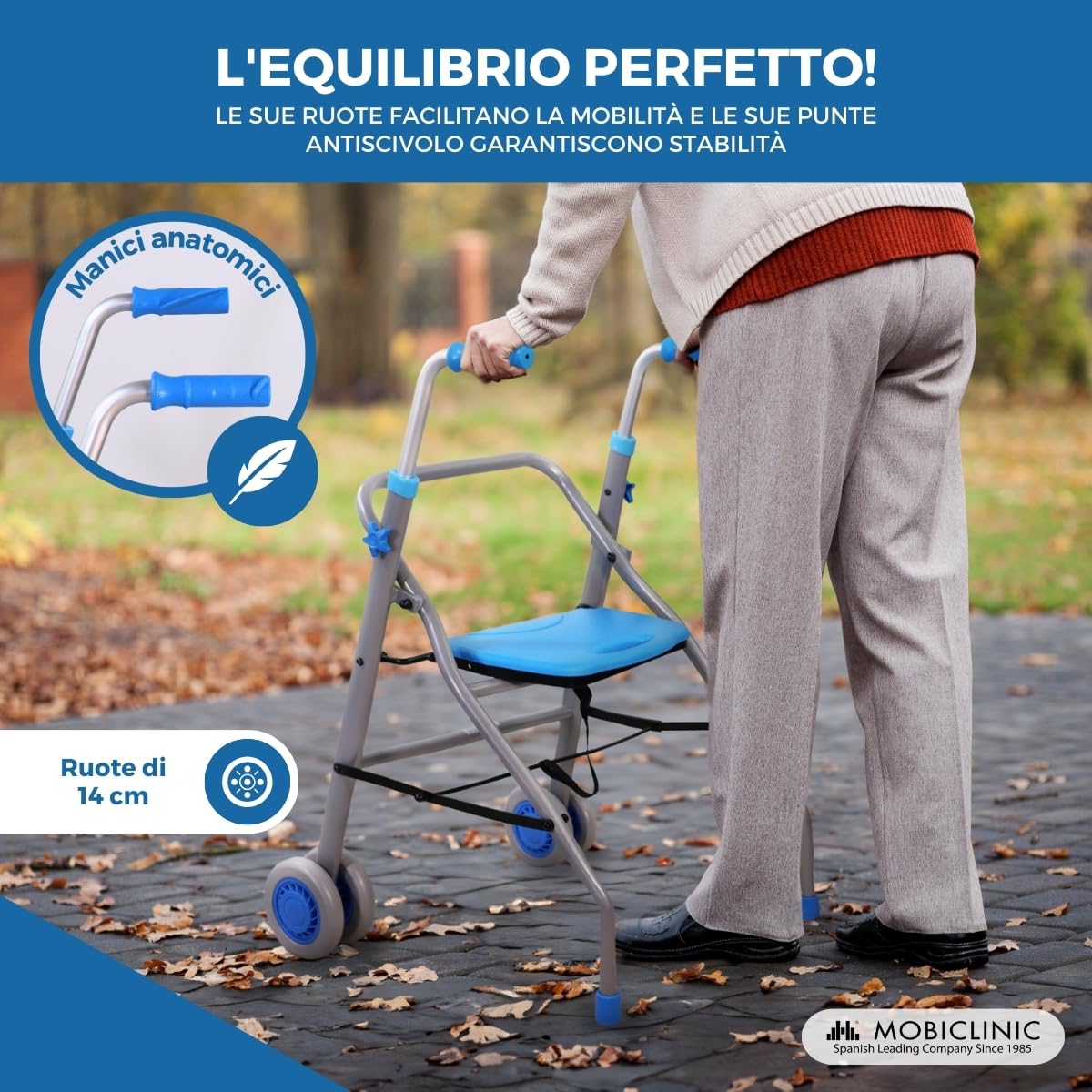 Mobiclinic®, Deambulatore pieghevole, Ultraleggero, Regolabile in altezza, Marchio europeo, Alluminio, Fino a 136 kg, Future, Adulti, Sedile, Schienale e ruote, Design elegante, Colore azzurro