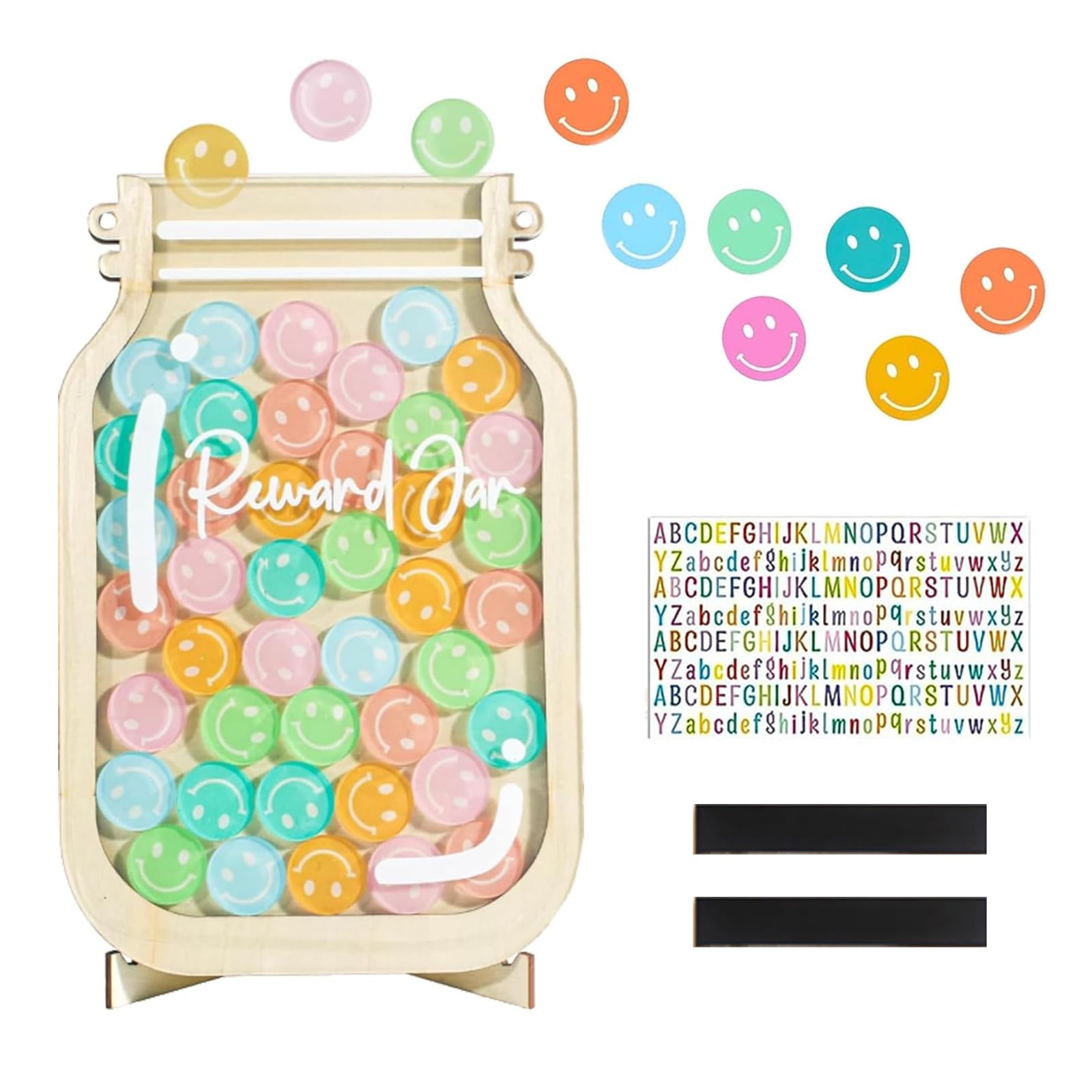 Smiley Reward Jar, Acrylic & Wooden Incentive Pot, Magnetic Reward Jar with 36 Smiley Tokens, Good Behavior Tool