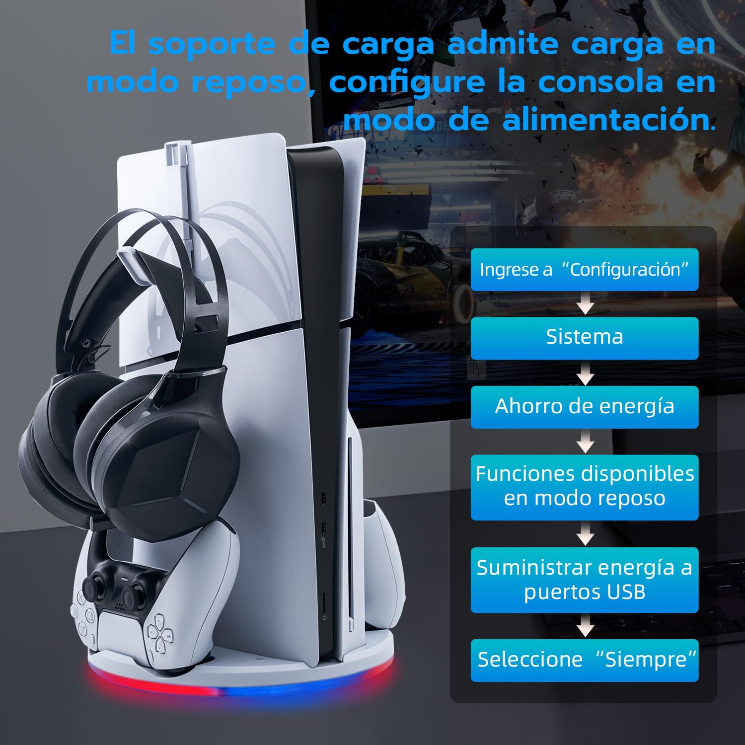 Wigearss Soporte Vertical para PS5 Slim, Base de Carga para Controladores Dual PS5 y Soporte para Auriculares, con Luz Ambiental LED, Compatible con PS5 Slim DE/UHD (No Compatible con PS5/Pro)