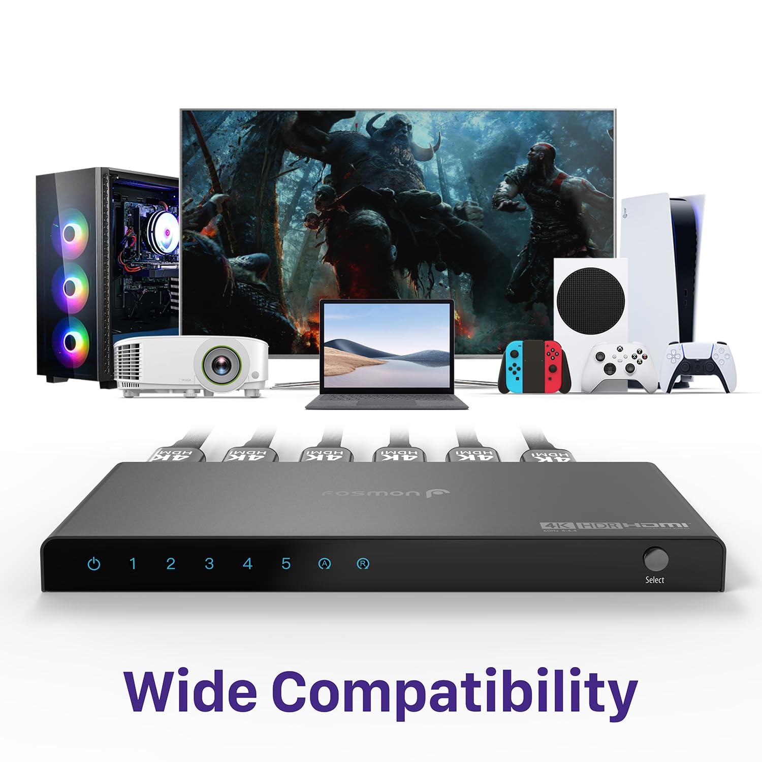 Fosmon Switch HDMI 4K 5 Porte con Telecomando, 4K@60Hz HDCP 2.2 18Gbps, Commutatore HDMI 2.0 Auto 5 in 1 Uscita Hub compatibile con PS5, Xbox X|S, Apple TV, DVD, Laptop PC, Monitor