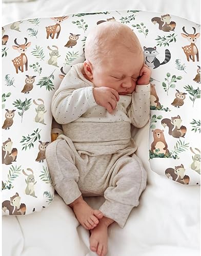 Miniatura 4 de Fundas de almohada de lactancia con diseño de animales lindos y hojas verdes para niños y niñas, osos, ciervos, ardilla, mapache, búho, hojas, funda