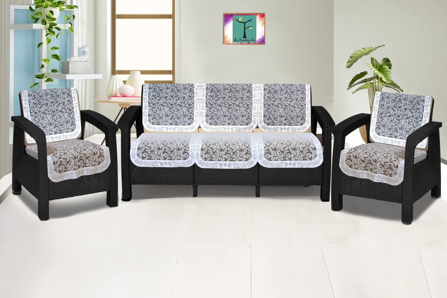 The Furnishing Tree Cotton Floral Knitted Pattern 10 Pieces 5 Seater Sofa Cover Set White-picture-13