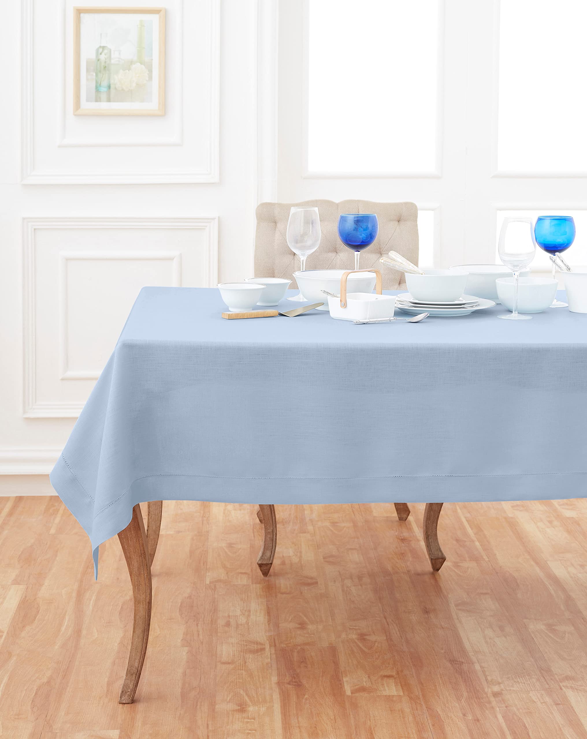 Solino Home Summer Linen Tablecloth – Sky Blue 60 x 108 Inch – 100% Pure Linen Classic Hemstitch Tablecloth for Spring, Dining, Wedding, Indoor, Outdoor, Party – Handcrafted from European Flax — image 1