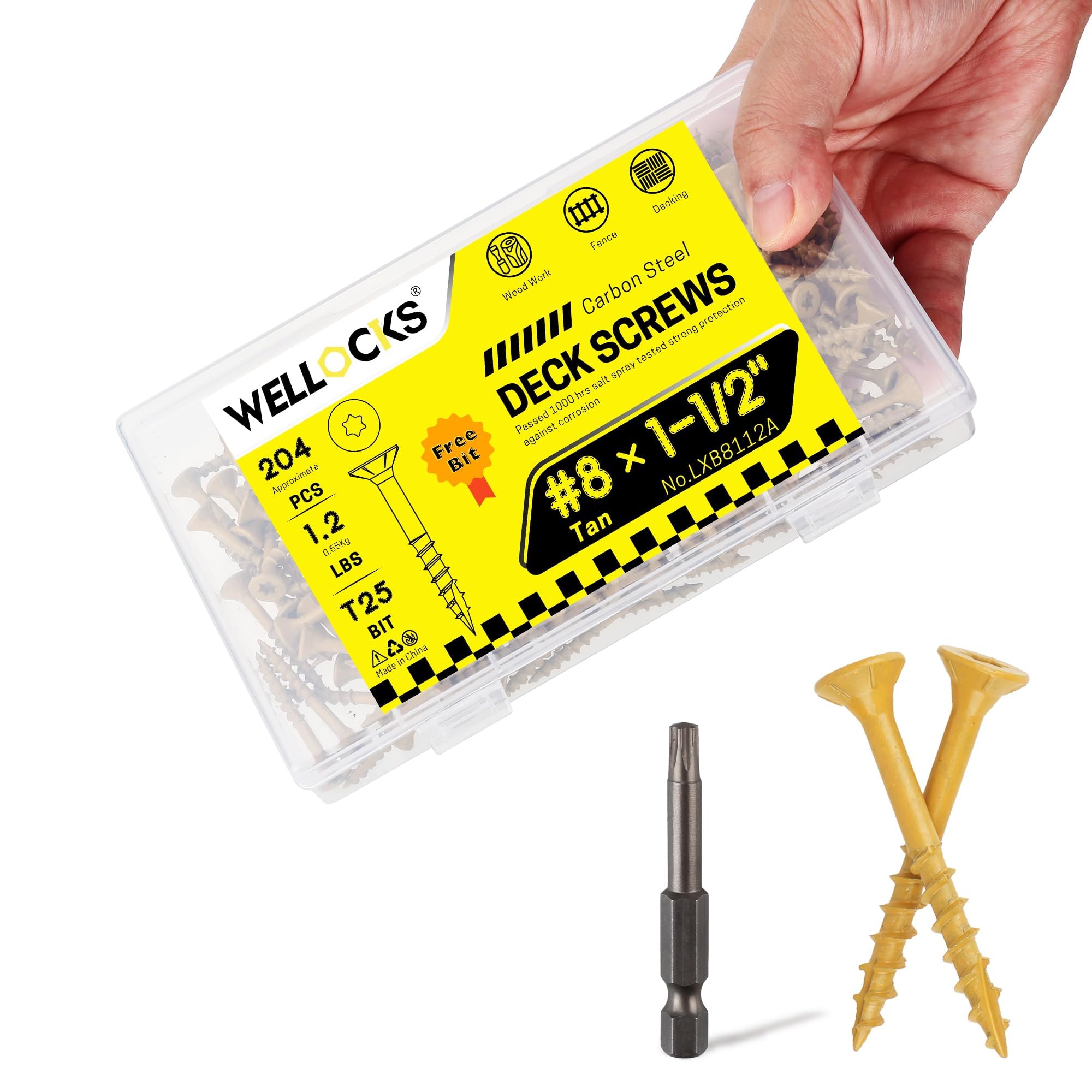 WELLOCKS Deck Screws, Wood Screws, Tan, Superior Rust Resistant, Epoxy Coated, Above 1000 Hour Salt Spray Coating T25 Torx Star Bit Included for Outdoor Wood Fence (1.2LBS Tan, #8×1-1/2")