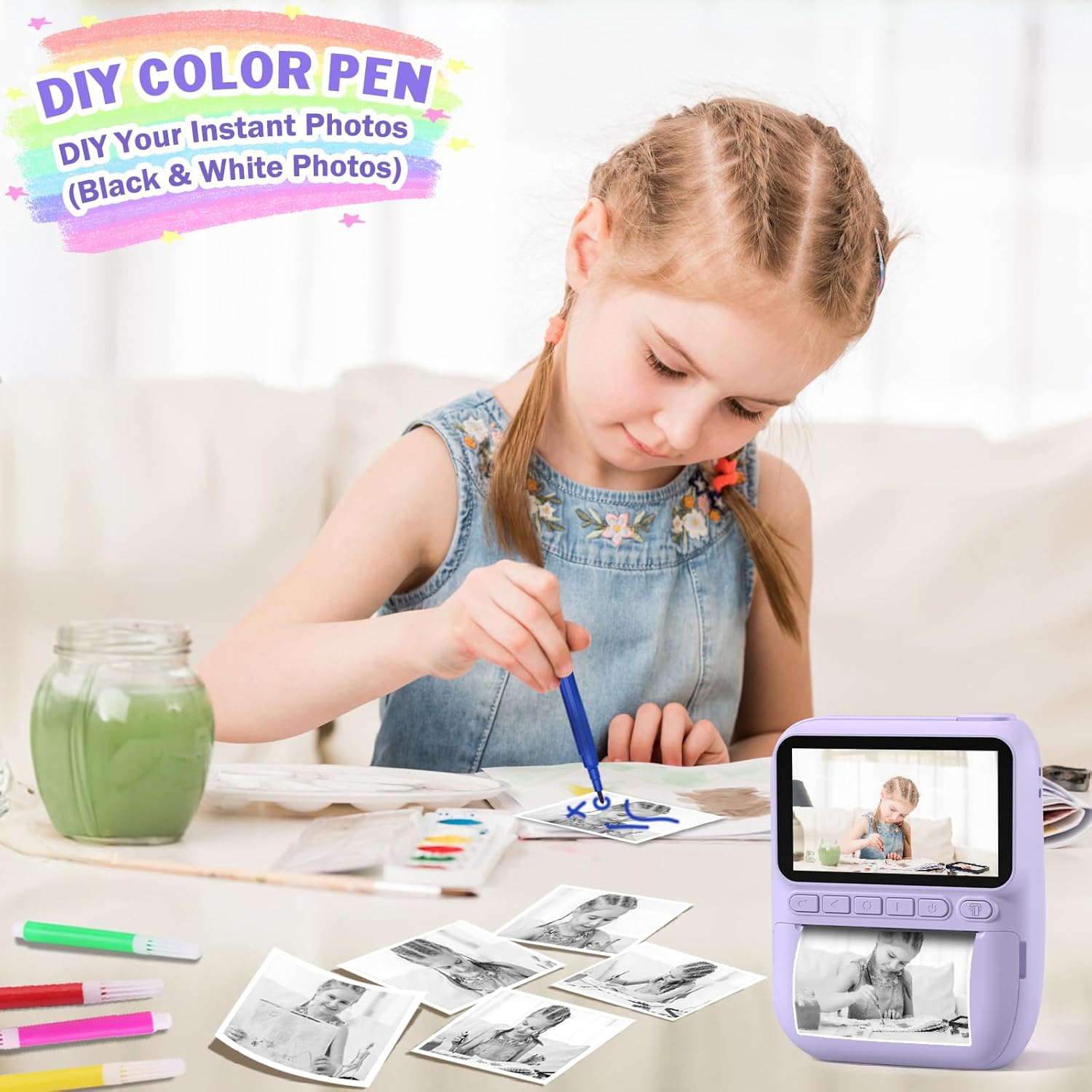 A Hangrui Kids Instant Print Digital Camera with its flash illuminated, alongside two images of a child, one taken with flash on and one with flash off, demonstrating the effect of the flash.