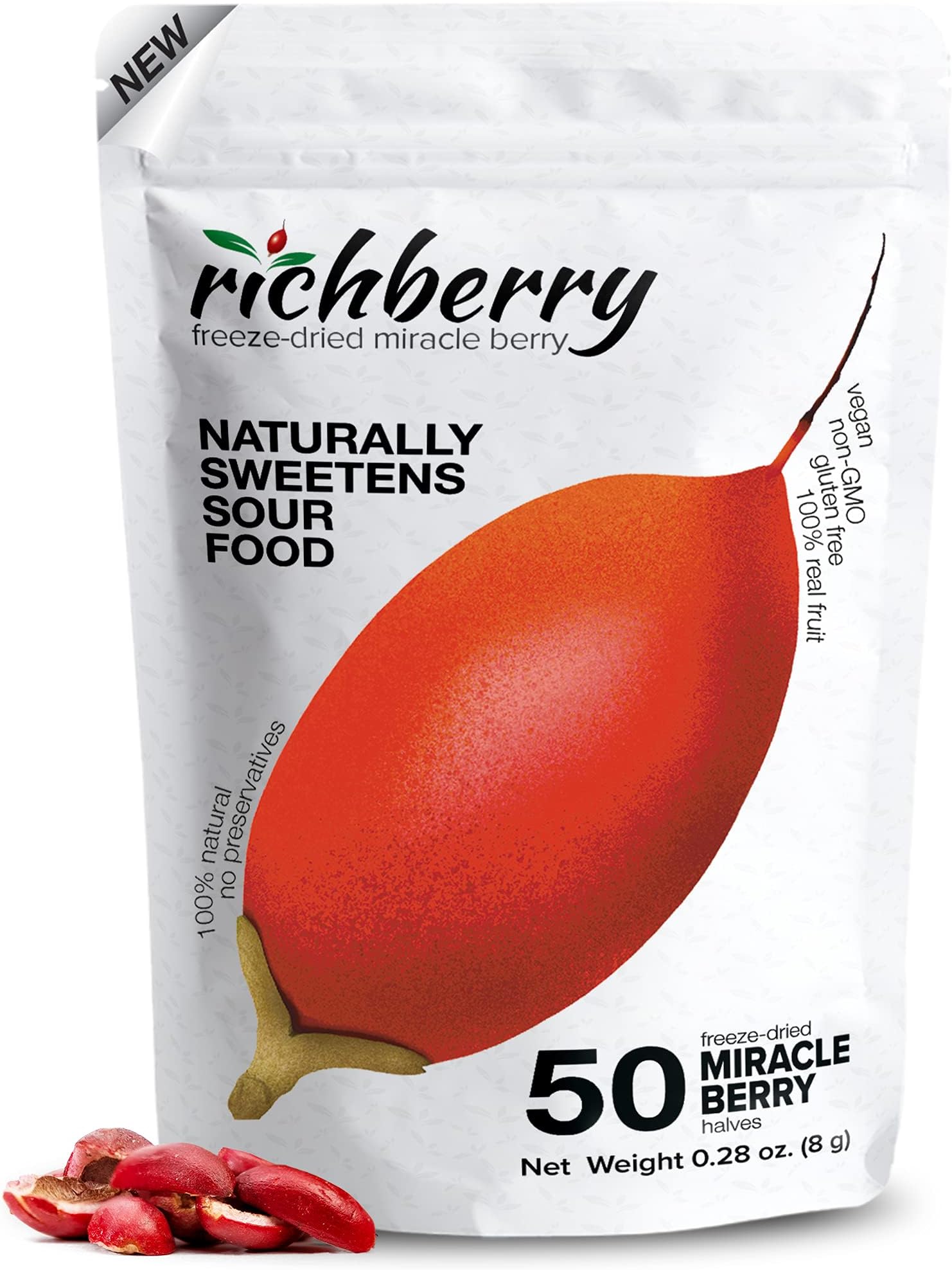 Miracle Berry by richberry, 50-Halves, Freeze Dried Premium Fruits, 100% Real Fruit, No Preservatives, Naturally Sweetens Sour Food, Great for Snacks and Taste Tripping