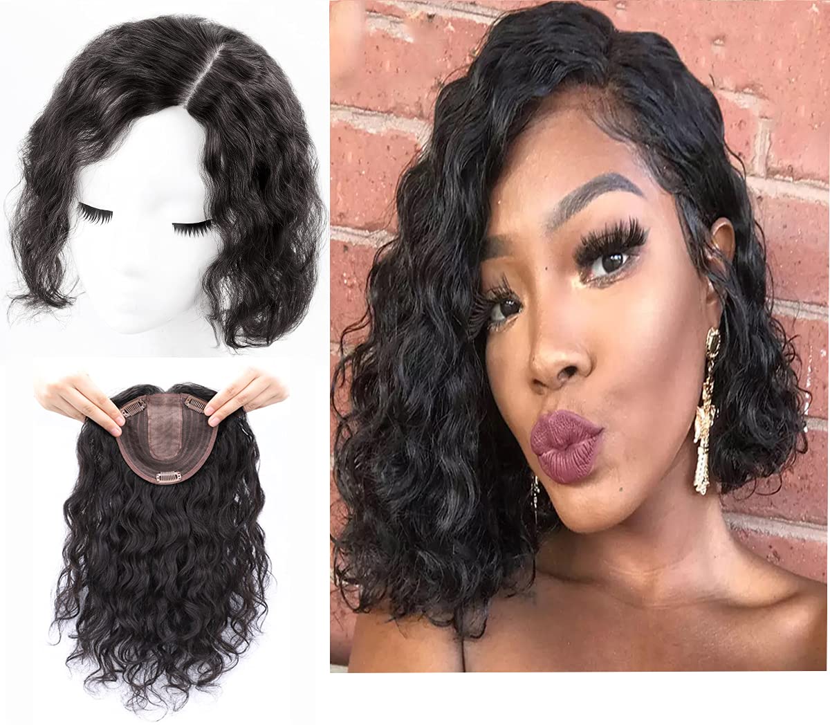 12 Inch Human Hair Topper Clip In Top Piece Glueless Wavy Amazon.com : 12 main image 2
