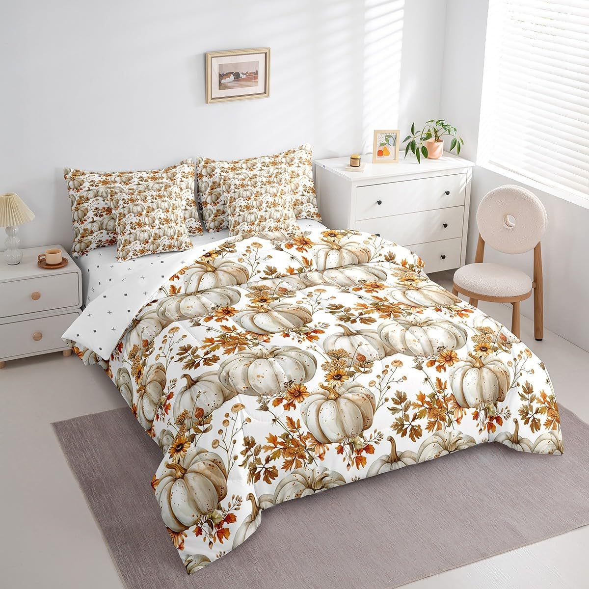 Fall Pumpkin Comforter Set Rustic Farmhouse Style Bedding Set Full Size 7 Pcs,Flowers Leaves Countryside Bed Set for Room Decor Bed in a Bag with Comforter,Sheets,Pillowcases & Cushion Cover