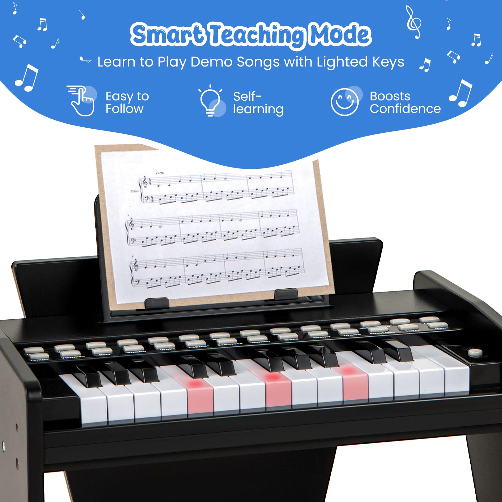 KOMFOTTEU Tastiera a 25 tasti per bambini, pianoforte elettronico con tasto luminoso e leggio, pianoforte digitale per bambini di 18+ mesi, registrazione e lettura, modalità di apprendimento (nero)