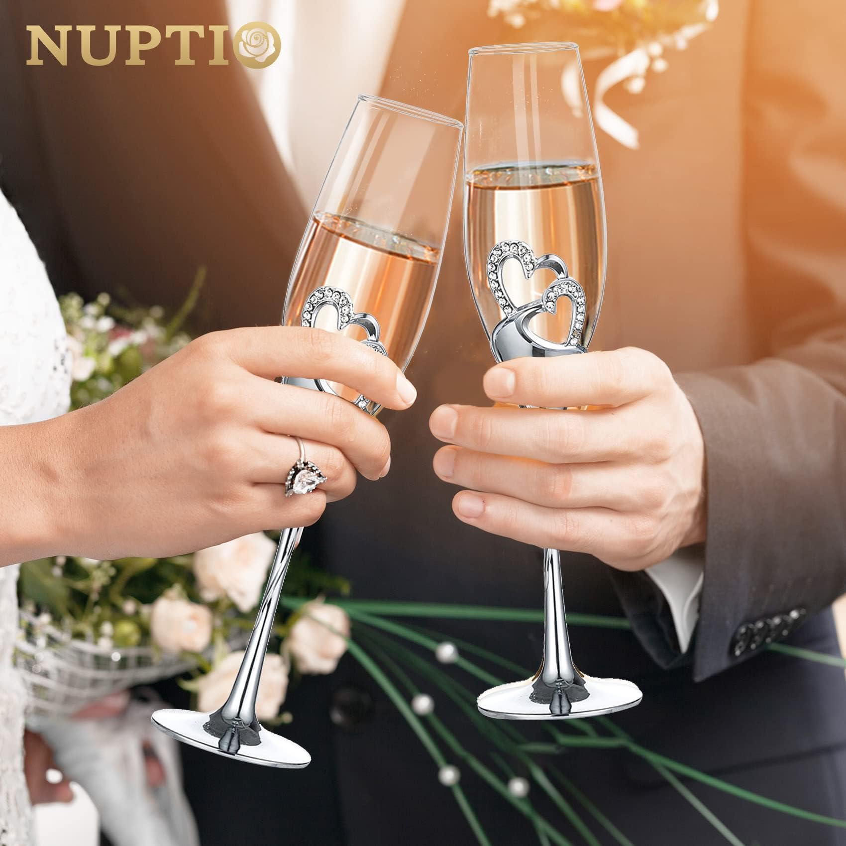 Nuptio Nozze Regalo Argento Bicchieri: Set di 2 Bicchieri Champagne Brindisi Flûte Cristallo Matrimonio Anniversario Feste