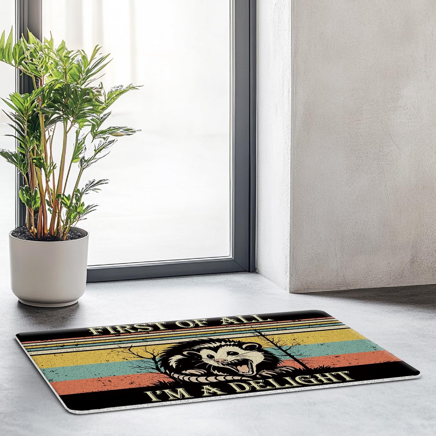 JINYO Funny Opossum Door Mat, First of All I'm a Delight Possum Outdoor Indoor Door Mats for Home Entrance Entryway, Funny Welcome Mats, Opossum Gifts, 17x30 Inch