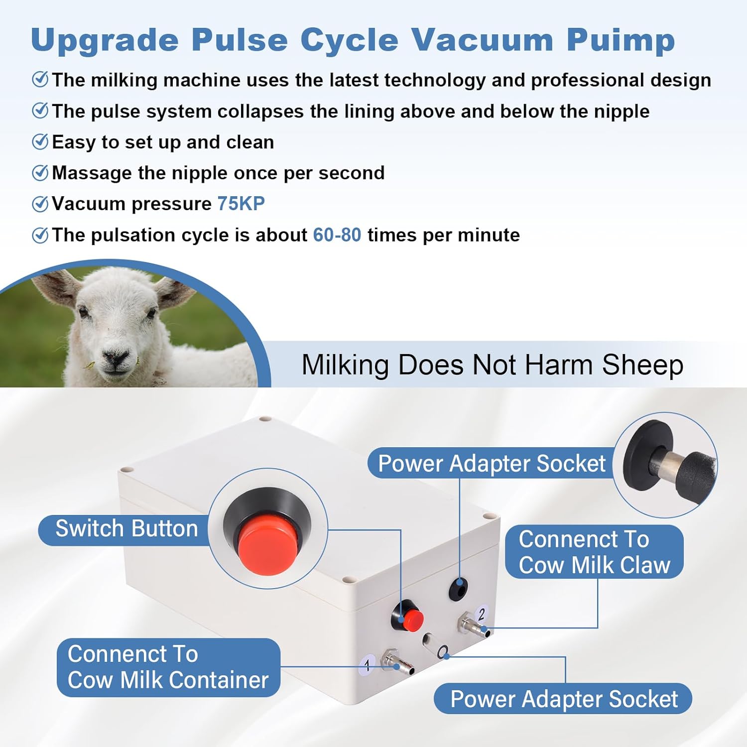 3L Model Goat Milking Machine, Continuously Adjustable Suction Pulsation Vacuum Electric Milker, Portable Automatic Breast Pump with Sheep Nipple with Tube for Sheep