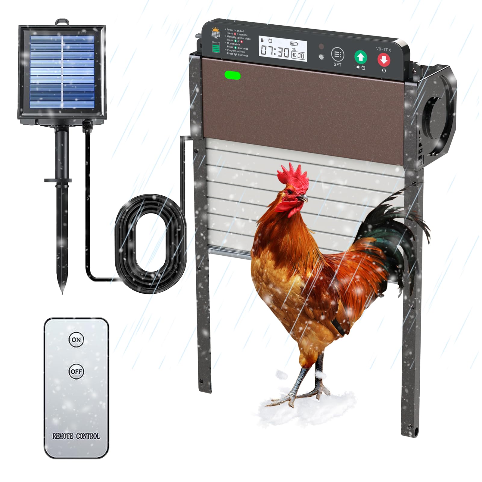 Automatic Chicken Coop Door, 4 Modes Solar Chicken Coop Door with Timer, Adjustable Gravity Chicken Automatic Door with Light Sensor, LCD Display, 7M Remote Control, Aluminum Chicken Door Opener