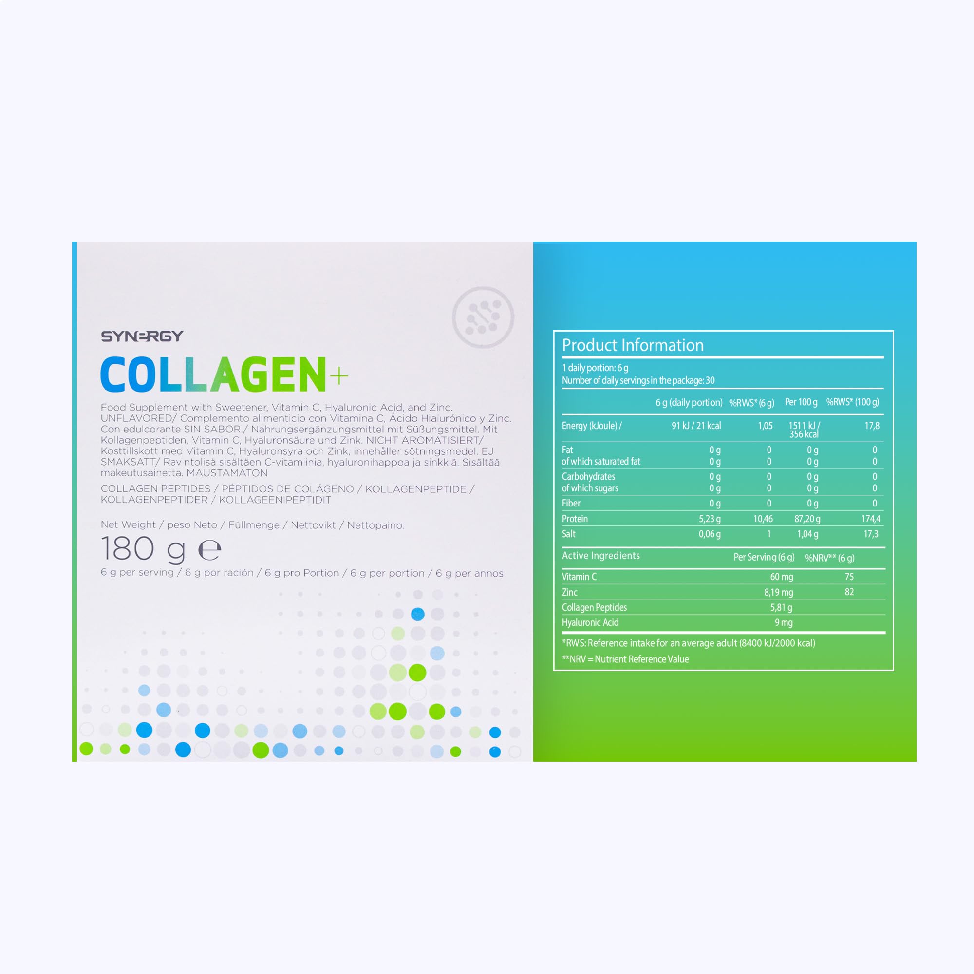 Synergy Worldwide Collagen+ 30 porcji | 5810 mg kolagenu z witaminą C, kwasem hialuronowym i cynkiem | Wspomaga produkcję kolagenu i wzmacnia skórę, włosy, paznokcie i stawy | Bez smaku | 180gr
