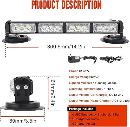Miniatura 7 de Barra de luz estroboscópica LED inalámbrica de 14.2 pulgadas, color blanco ámbar, luces LED de advertencia de peligro de emergencia con base