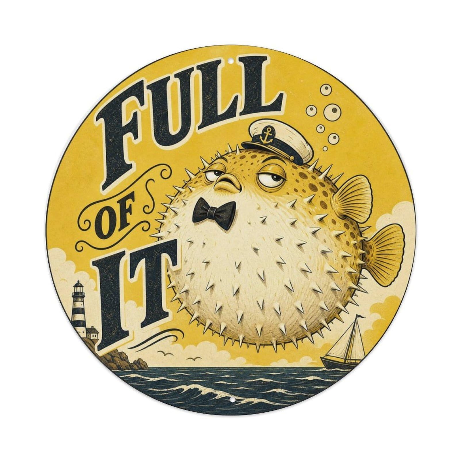 Okngb Style Pufferfish Full Marine Animal Rustic Comic Cartoon Metal Tin Sign Plaque Wall Decor For Cafe, Man Cave, Club Bar, Office, Home Garden Round Metal Poster 8X8inch