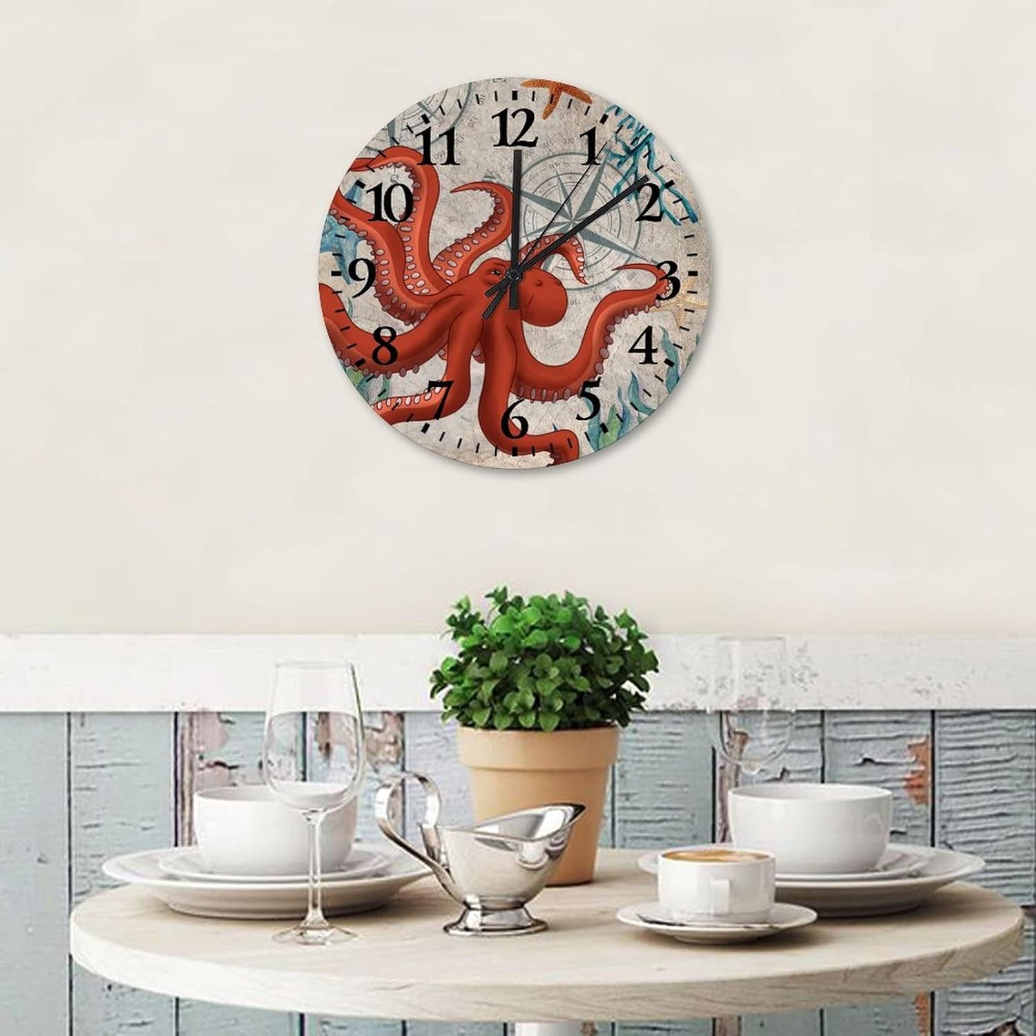 15 Inch Ocean Animal Octopus Wooden Clock Battery Operated Nautical Themed Wooden Clocks for Walls Arabic Numbers Round Clock for Home Office School