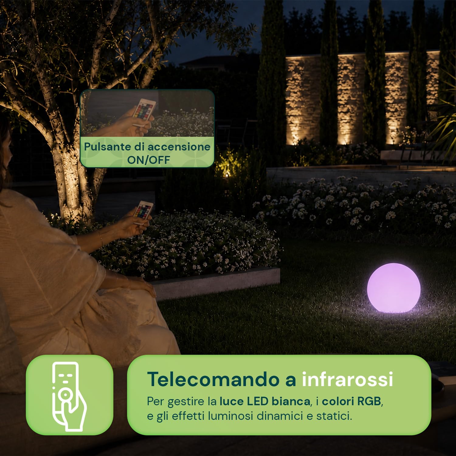 Sfera Solare da Giardino LED RGB + Bianca ø25 cm – Luci Solari da Esterno Decorative, 16 Colori, Telecomando IR, Picchetto Incluso, IP44, Batteria Li-ion