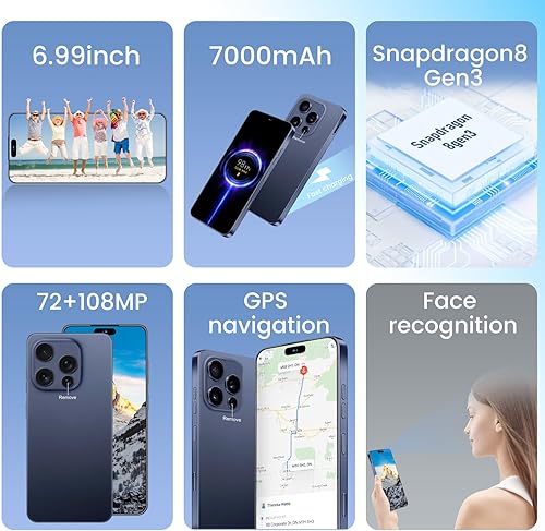 Miniatura 5 de Huness Teléfono celular desbloqueado de 16PROMA X 16+1TB, pantalla HD de 6.99 pulgadas, batería de 7000 mAh, Android 14, desbloqueo de botón de