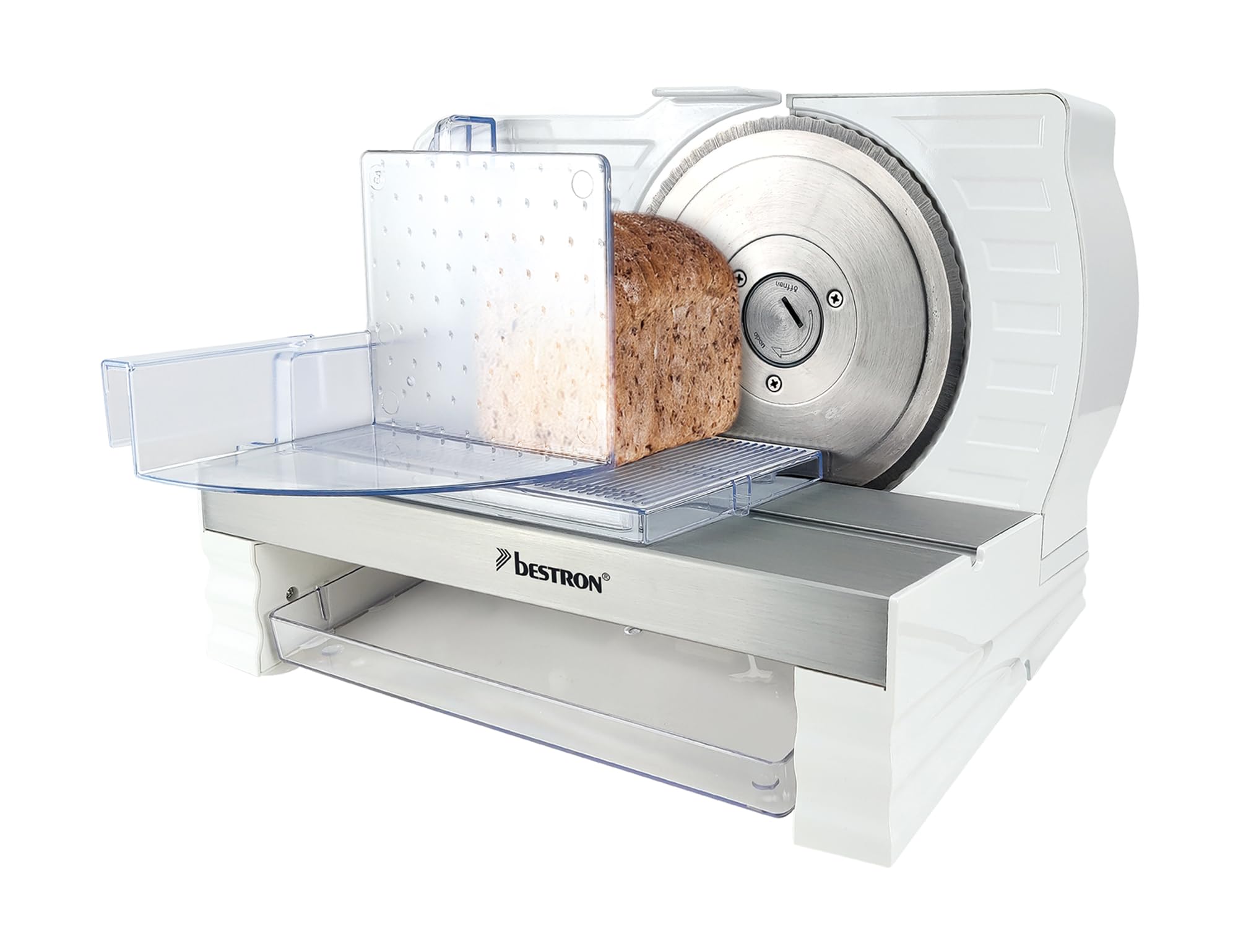 Bestron Brotschneidemaschine, mit RSG-Edelstahlklinge – Made in Germany, stufenlose Schnittstärkeneinstellung 0-20mm, Allesschneider mit Wechseltaste für Automatik- und Manuell-Betrieb, Farbe: Weiß