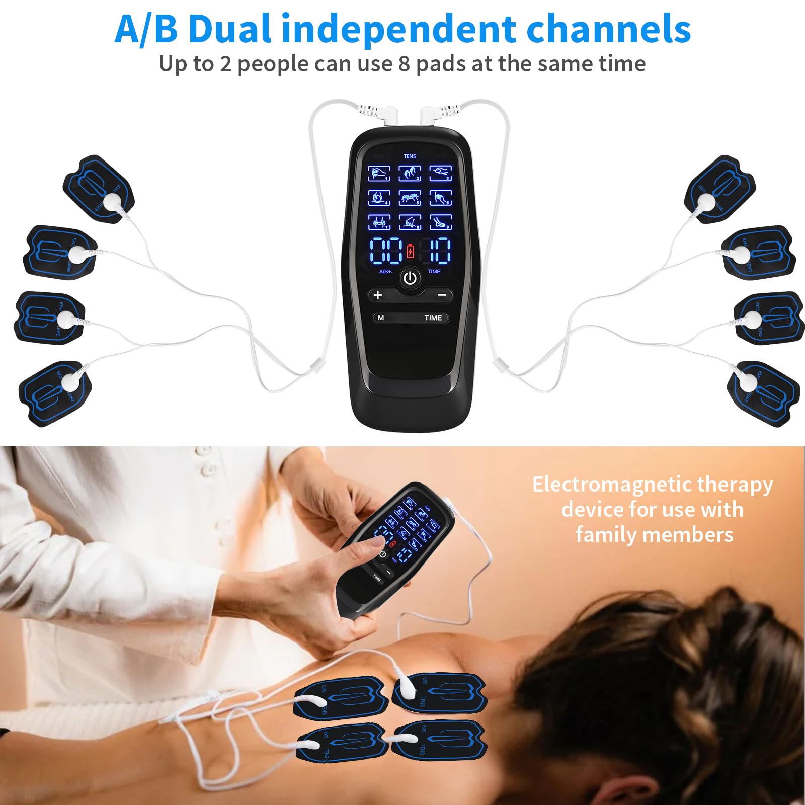 Electrostimulateur Musculaire, TENS/EMS/Massage Electrostimulateur, 2 Canaux avec 9 Modes de Massage et 30 Vitesses Réglables,Muscle Stimulator avec 12 Patchs, Appareil Portable Thérapie Anti-Douleur