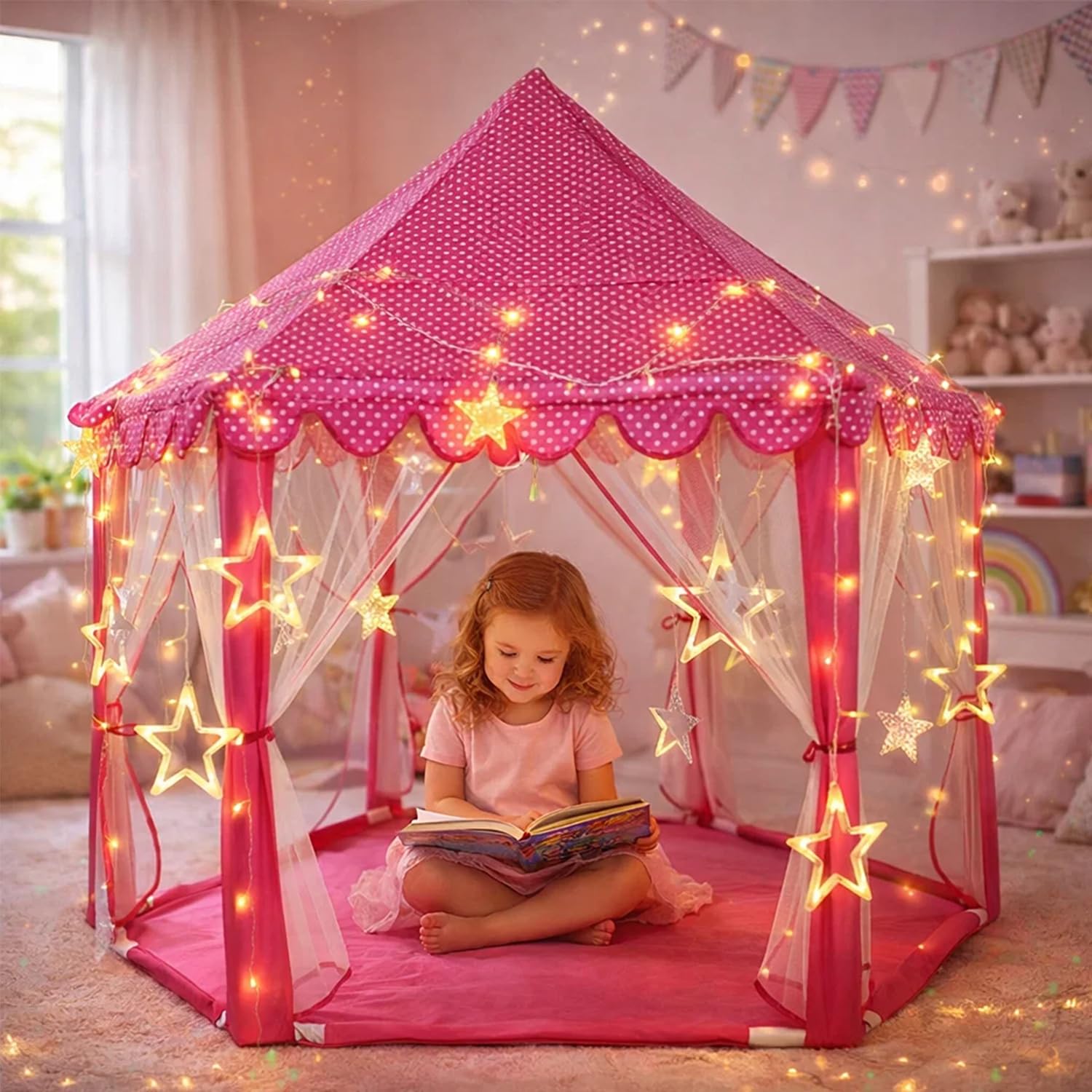 BabyGo Kids Prince Princess Castle Tent for Kids | Theme Play Tent with Mosquito Net | Indoor Outdoor Playhouse | Lighting Tent House for Boys & Girls | 140cm x 135cm x 70cm | (Pink)