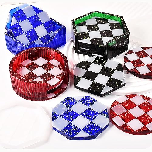 Miniatura 2 de JEYUQAXY Juego de 15 moldes de resina de ajedrez a cuadros con molde de caja de almacenamiento moldes de posavasos para resina epoxi en forma