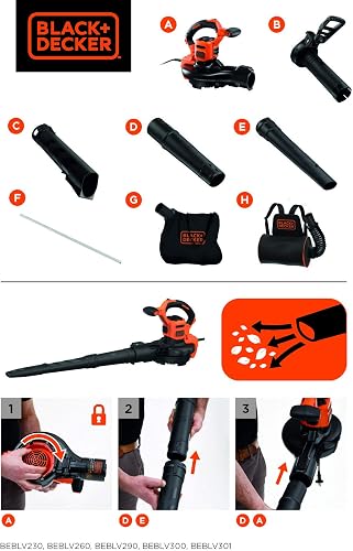 Black+Decker 3-in-1 electric leaf blower/leaf blower BEBLV301 (3,000 watts, with shredder+attachable leaf rake, 72l collection bag backpack - high blowing speed & adjustable suction power) - 12