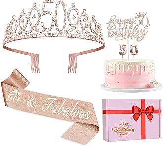 50th Birthday Gifts for Women, Including 50th Birthday Crown/Tiara, Sash, Cake Topper and Candles, 50th Birthday Decorations Women