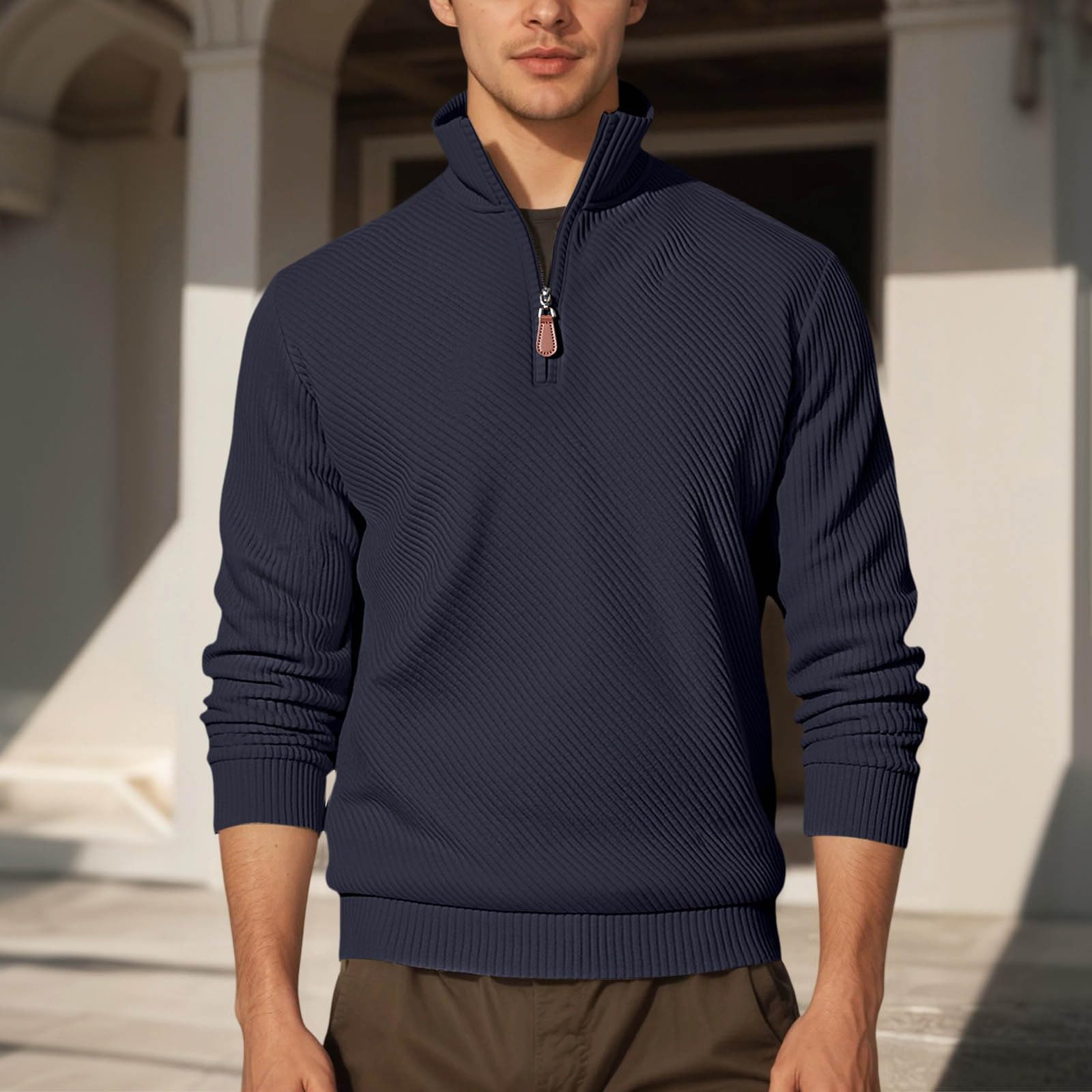 Sudadera Deportiva Informal de Manga Larga con Media Cremallera y Rayas de Jacquard Texturizado para otoño e Invierno, Ropa cómoda y de Moda.
