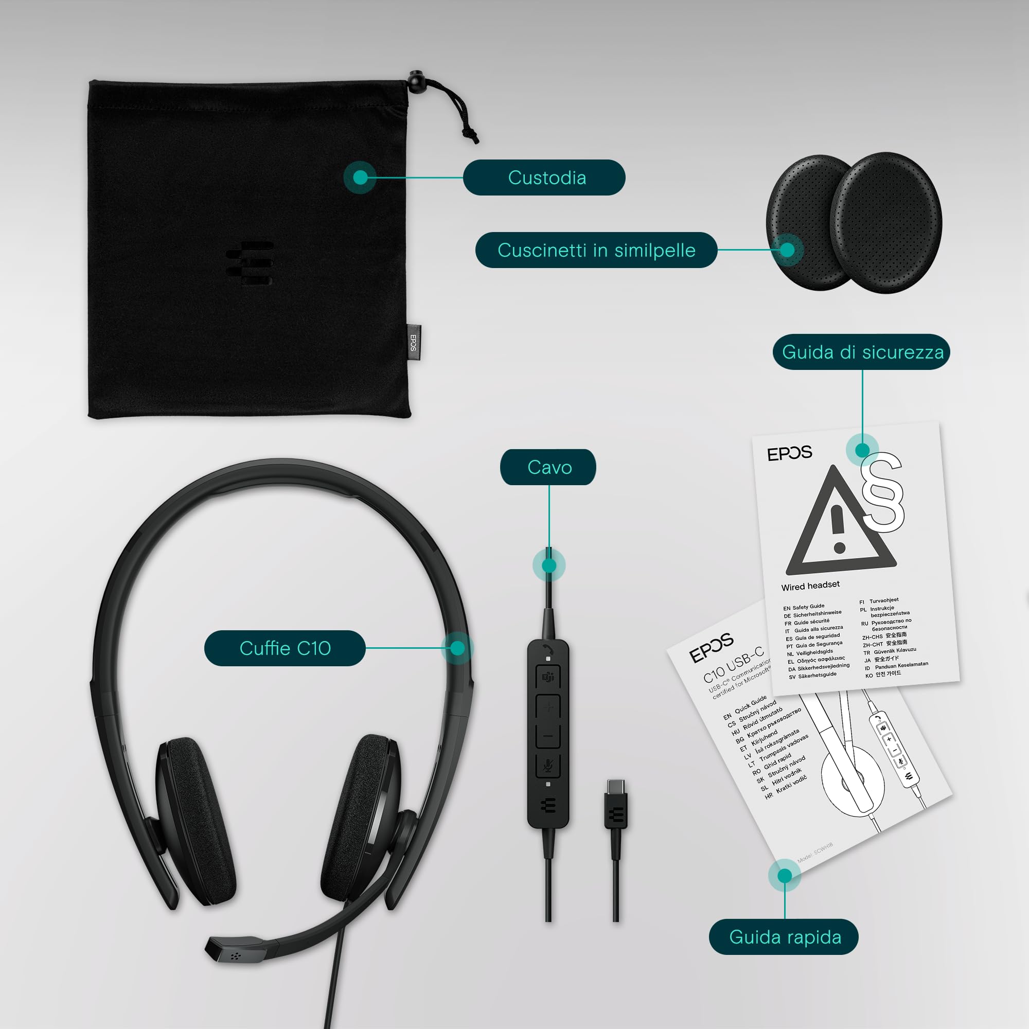 EPOS I SENNHEISER C10 Cuffie con microfono, auricolari con filo con connessione USB C semplice e flessibile e tecnologia BrainAdapt, Black, C10 USB-C
