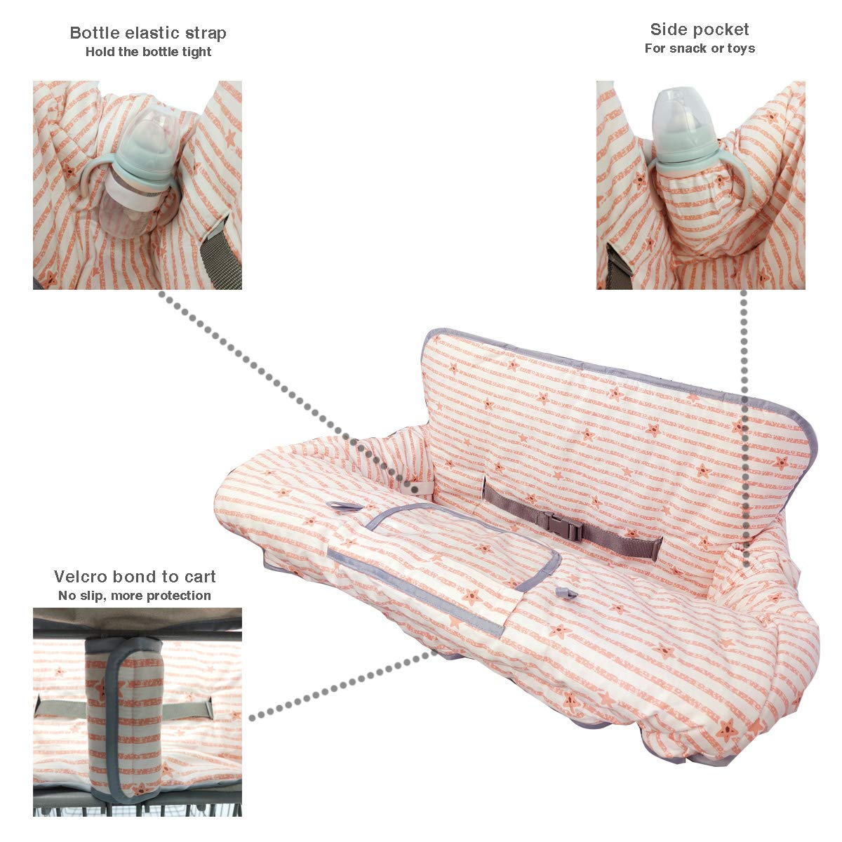 Shopping Cart Cover for baby/toddler 2-in-1 High Chair cover, easy Attach & Remove, with Cellphone Holder, Pink Strip Star