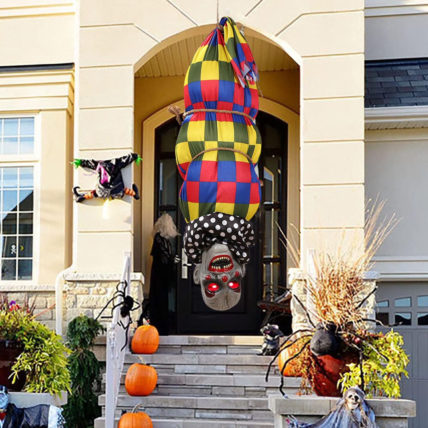 Cadavere animato da appendere per Halloween, alto 75 cm, con occhi a LED lu