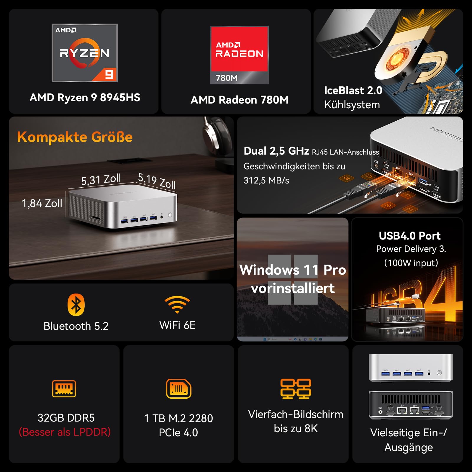 GEEKOM AI Mini PC A8 Max mit AMD Ryzen 9 8945HS, 3 Jahre Garantie, 32 GB DDR5 RAM(kein festgelegter LPDDR) 1 TB SSD, Micro PC W-11 Pro | 8 USB Ports | 8K UHD | Dual LAN Port, für Gaming/Kreativität