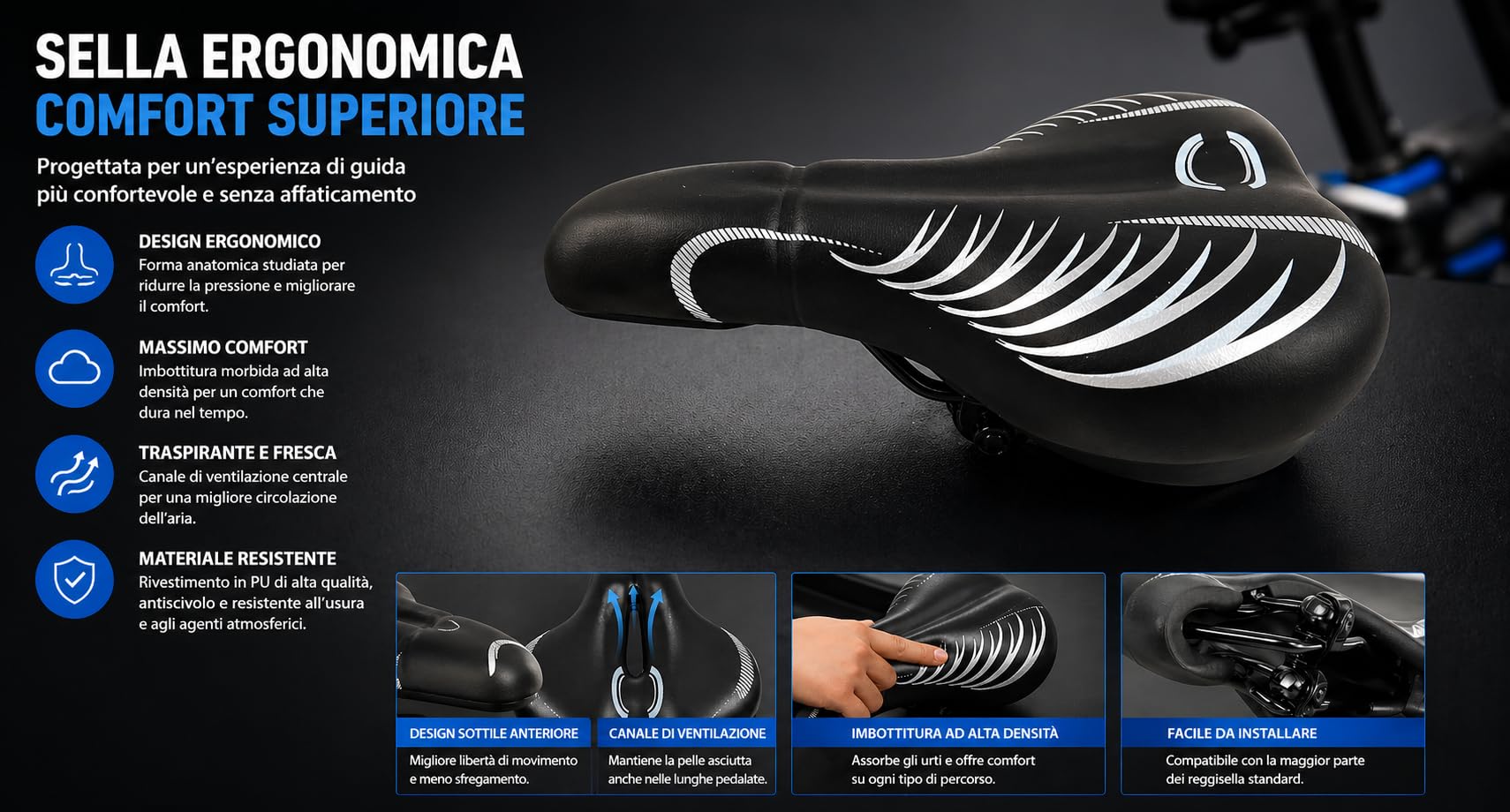 NLIGHTING Sella Bici Comfort con Doppia Molla, Sellino Bici Morbido Extra Largo per City Bike ed E-Bike, Sella Ergonomica con Canale Centrale e Imbottitura Spessa, Attacco Universale