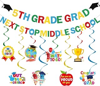 5th Grade Graduation Decorations - 10PCS Next Stop Middle School Glitter Banners Elementary School Graduation Hanging Swirls Decoration for Class of 2025 Graduate Party Supplies