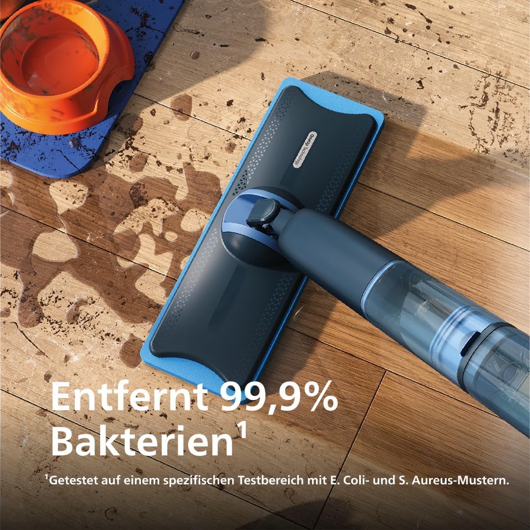 Philips OneUp 5000 Serie Elektrischer Wischmopp - 2X sauberere Böden², Zwei Feuchtigkeitseinstellungen für Harte & empfindliche Böden, Kabellos mit 360° Drehgelenk + 1 Pad extra