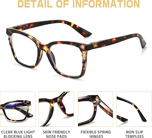 Miniatura 6 de Areyeth 2 pares de anteojos de lectura cuadrados de gran tamaño para mujer, con bloqueo de luz azul, con bisagra de resorte flexible (negro,