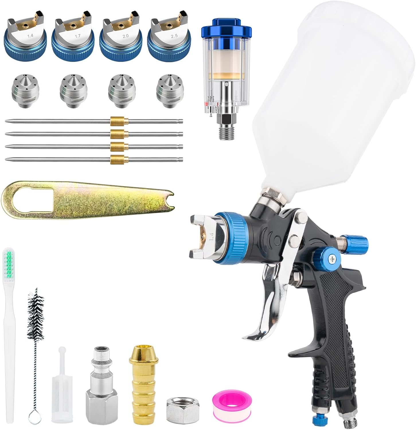 HVLP Spray Gun Kits Gravity Feed Air Paint Gun with 1.4/1.7/2.0//2.5 mm Nozzles Spray Paint Gun Automotive with Air Gauge for Car Paints, Primer, Clear/Top Coat & Touch-Up (Blue)