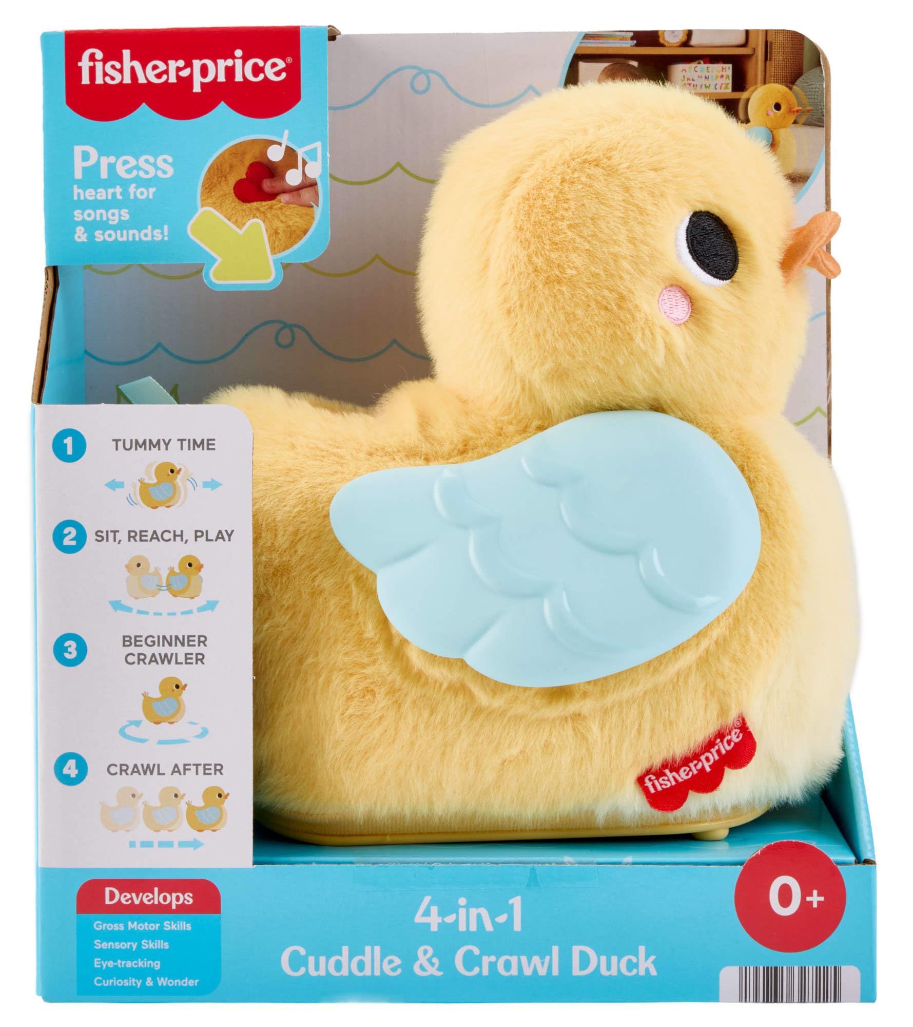 Fisher-Price 4-in-1 Kuschel- und Krabbelente Babyspielzeug | Musikalisches Plüschtier, Watschel und Flatterbewegung, für Bauchlage und Krabbeln, Babys ab Geburt, JMX99