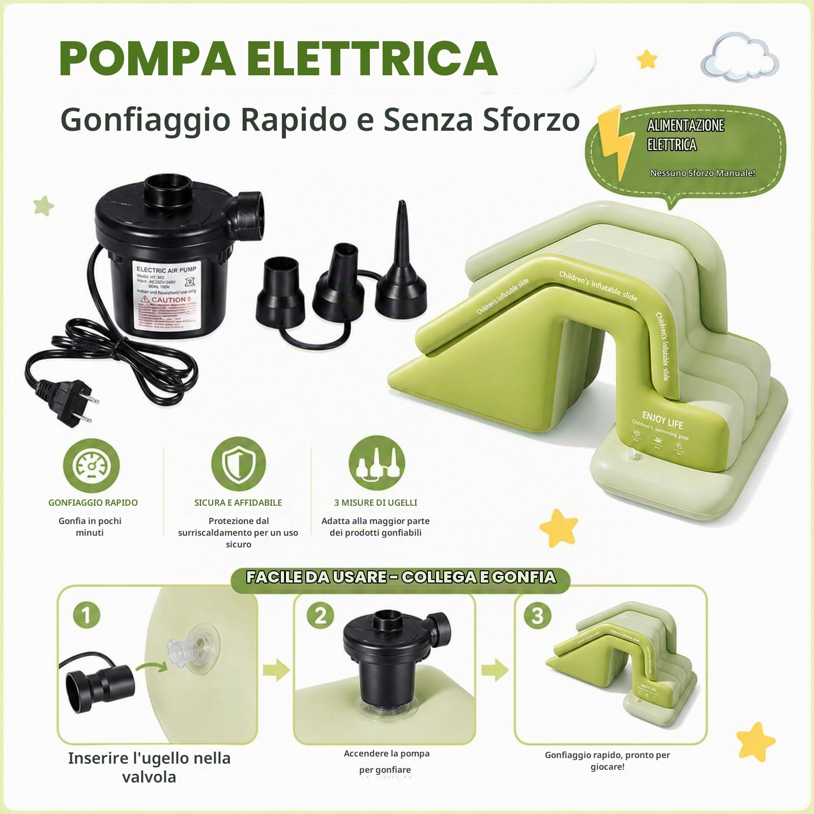 Scivolo Gonfiabile per Piscina, per Piscina con Ampia Base Riempibile con Acquam per Bambini, Include Una Pompa d'Aria elettrica, Ideale per Il Gioco All'Aperto Stagionale Green