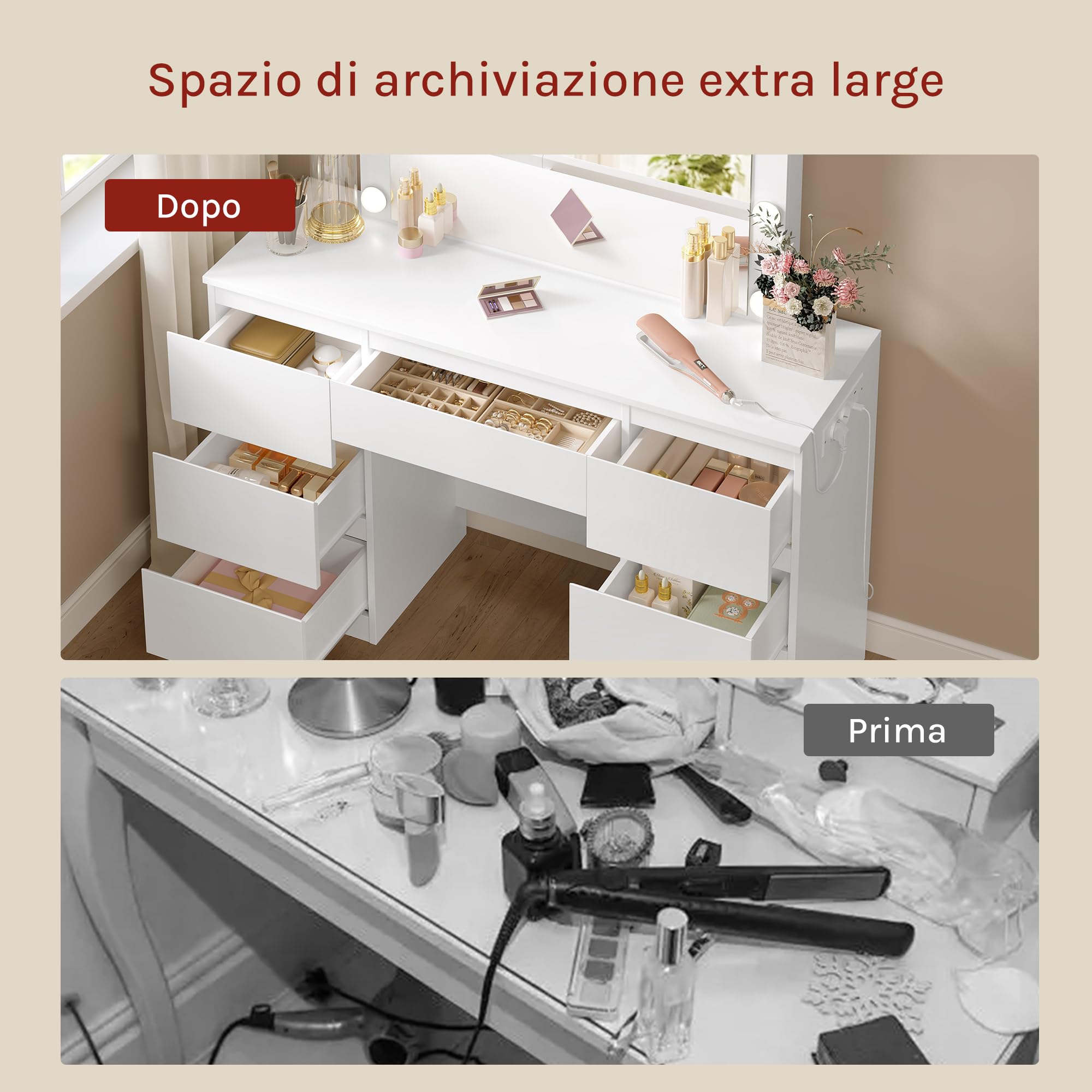WOLTU Toeletta da Trucco con Specchio LED Regolabile, Sedia da Make Up, Seduta Imbottita, Tavolo da Trucco Moderno con Cassetti e 2 Prese, 1 USB-A e 1 USB-C, Cavo di 1,5 m, Bianco