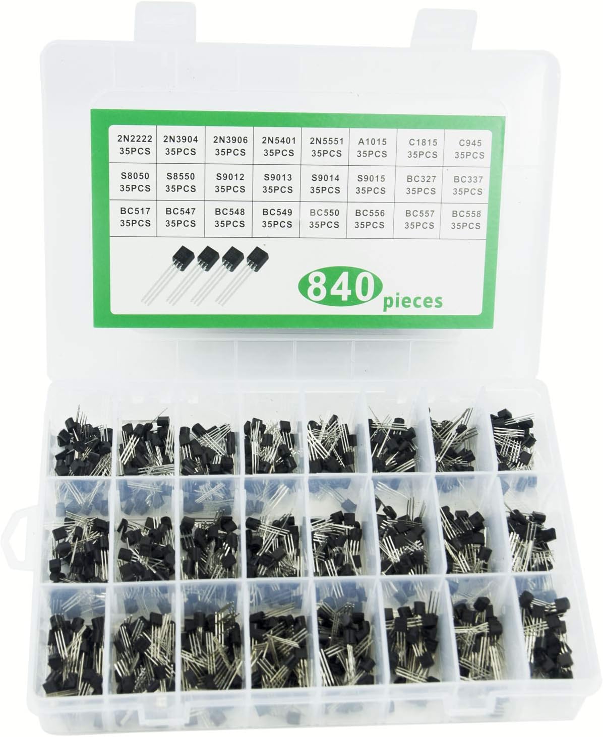 Makeronics 24 Values 840 PCS NPN PNP Transistor kit | 2N2222-S9018 / BC327-BC558 NPN PNP Power General Purpose Transistors Assortment Kit - Pack of 840