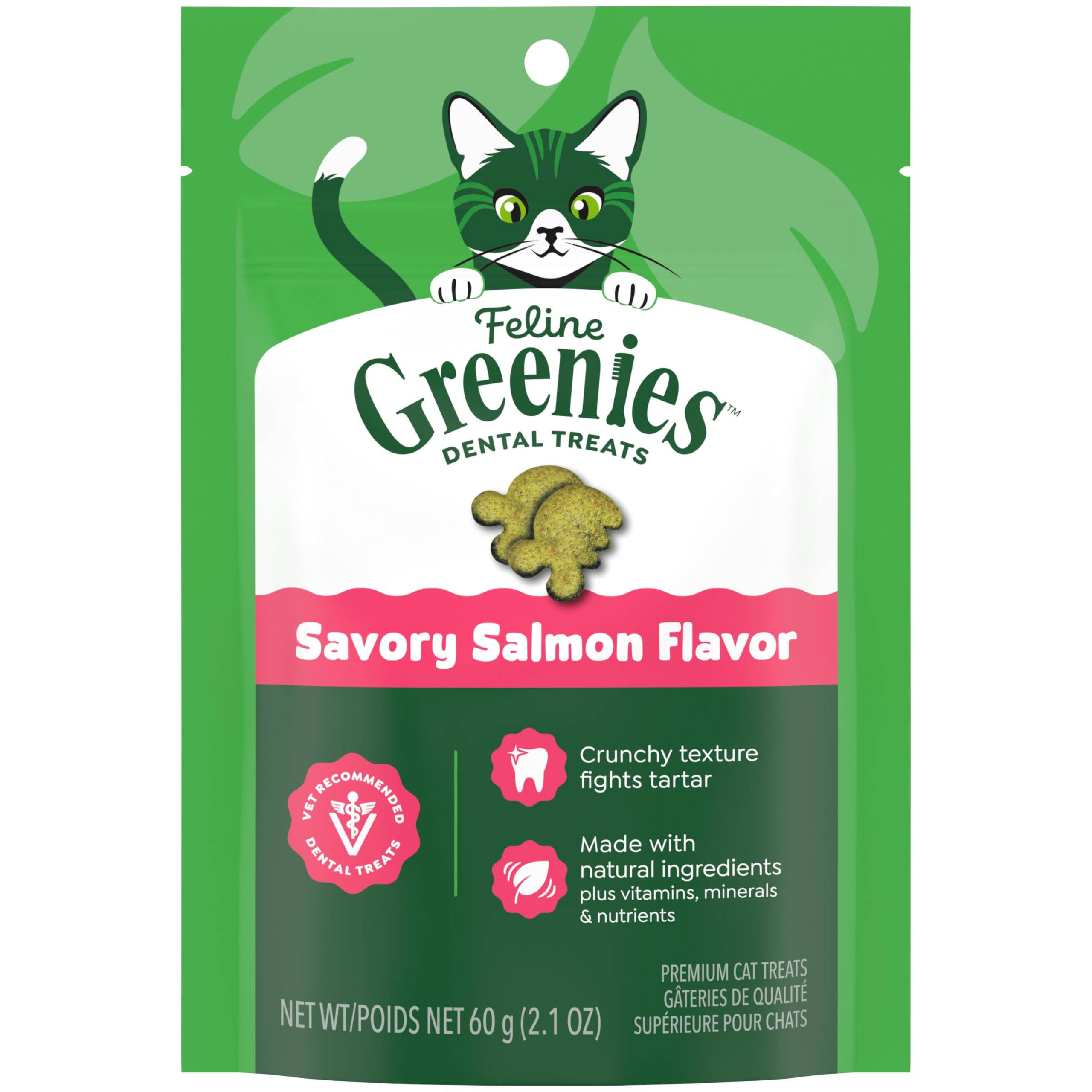 Feline Veterinarian-Recommended Adult Natural Dental Cat Treats, Savory Salmon Flavor, 2.1 oz. Pouch