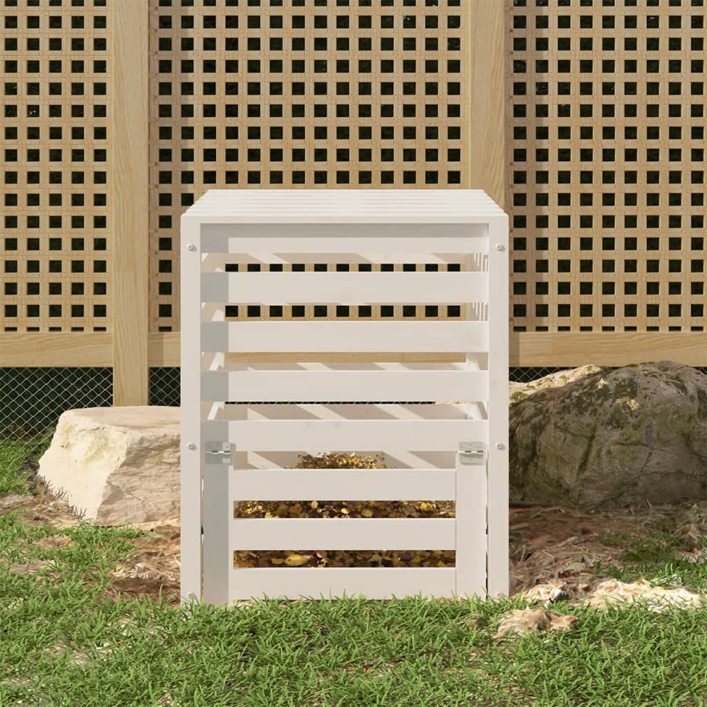 Compostador de madera de pino maciza, color blanco, 63,5 x 63,5 x 77,5 cm, compostador de jardín con tapa y tapa para residuos orgánicos, contenedor de compostaje de madera